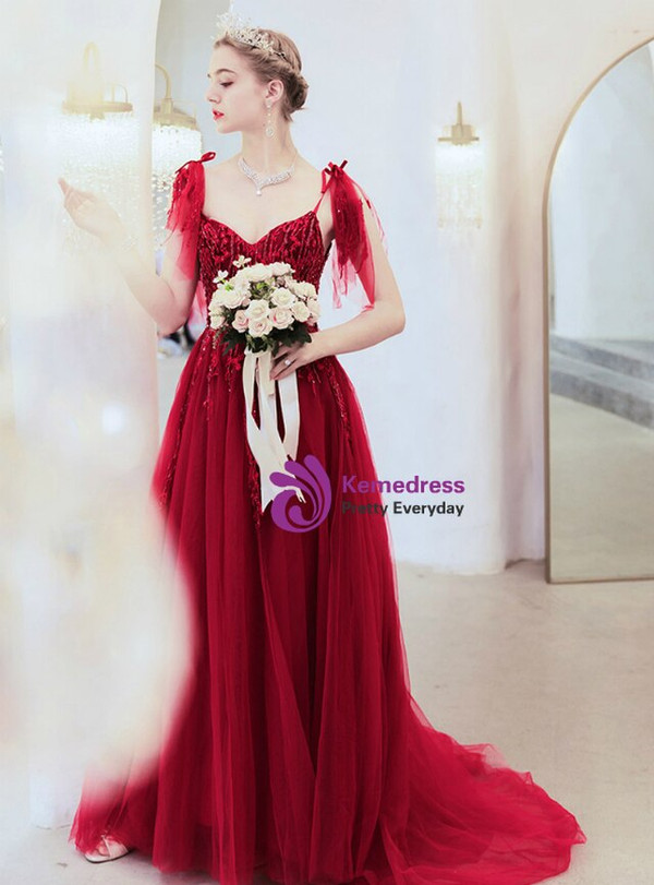Casual In Stock:Ship in 48 Hours Burgundy Tulle Spagehtti Straps Appliques Beading Prom Dress