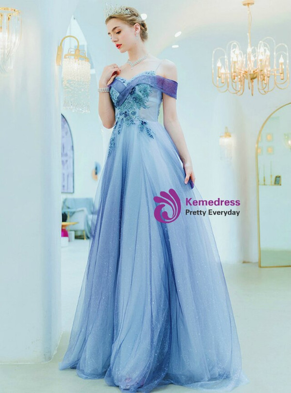 In Stock:Ship in 48 Hours Blue Tulle Off the Shoulder Appliques Beading Prom Dress