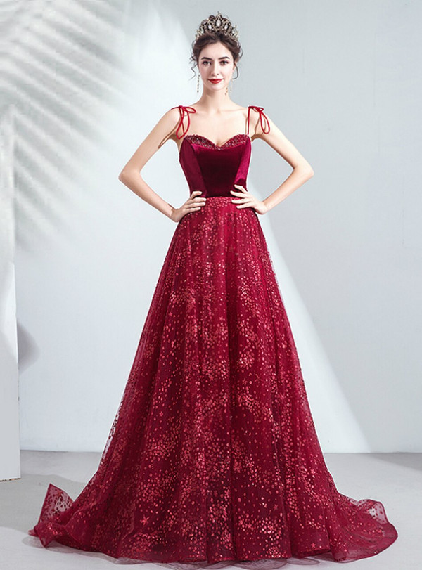 In Stock:Ship in 48 Hours Burgundy Tulle Velvet Spaghetti Straps Sequins Prom Dress