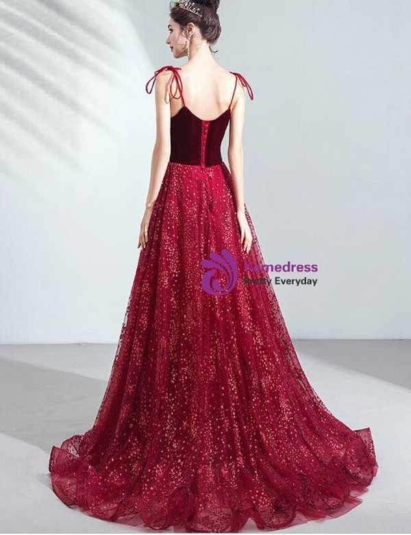 In Stock:Ship in 48 Hours Burgundy Tulle Velvet Spaghetti Straps Sequins Prom Dress