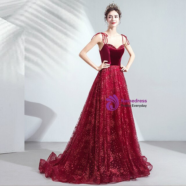 In Stock:Ship in 48 Hours Burgundy Tulle Velvet Spaghetti Straps Sequins Prom Dress