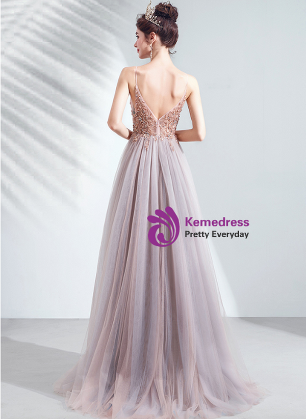 In Stock:Ship in 48 Hours Pink Tulle Spaghetti Straps Beading Prom Dress With Split