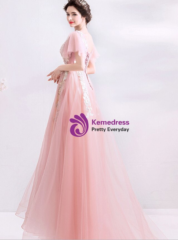 In Stock:Ship in 48 Hours Pink V-neck Tulle Embroidery Appliques Princess Prom Dress