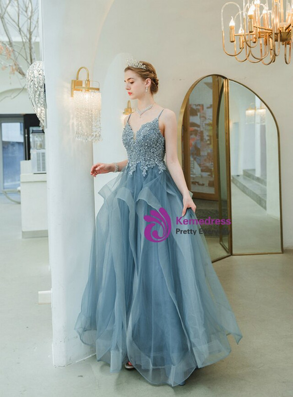 In Stock:Ship in 48 Hours Blue Tulle Appliques Beading Spagehtti Straps Prom Dress