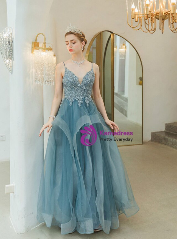 In Stock:Ship in 48 Hours Blue Tulle Appliques Beading Spagehtti Straps Prom Dress