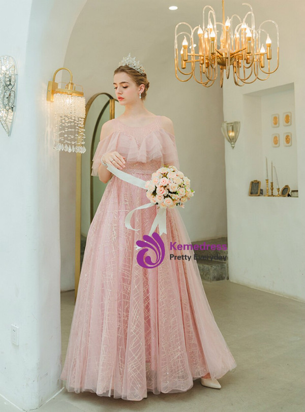 In Stock:Ship in 48 Hours Pink Tulle Sequins Beading Long Prom Dress