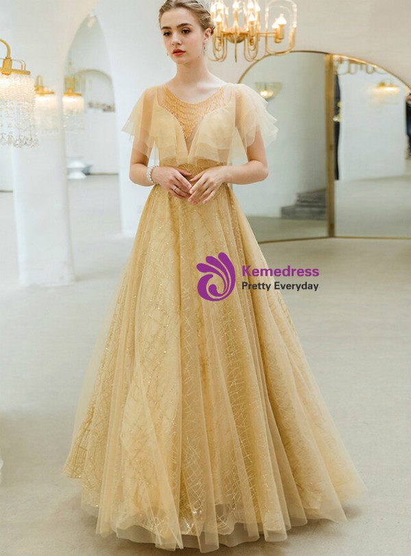In Stock:Ship in 48 Hours Yellow Tulle Sequins Beading Prom Dress