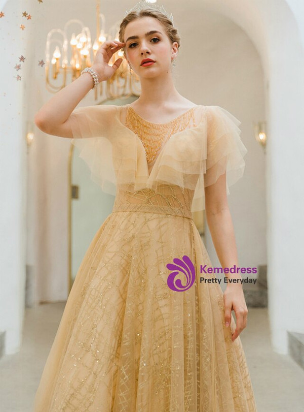 In Stock:Ship in 48 Hours Yellow Tulle Sequins Beading Prom Dress
