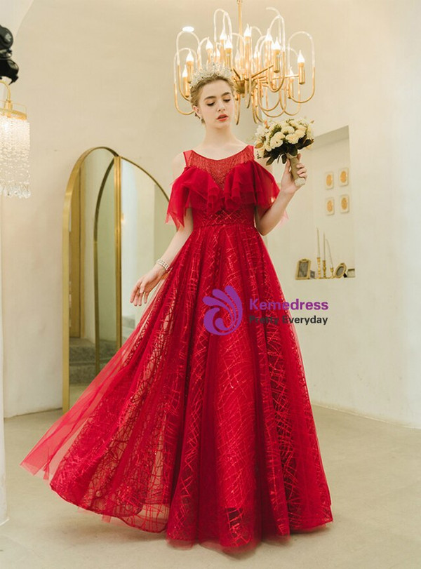 In Stock:Ship in 48 Hours A-Line Red Tulle Sequins Beading Cold Shoulder Prom Dress 