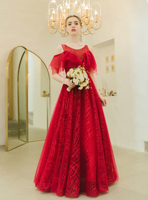 In Stock:Ship in 48 Hours A-Line Red Tulle Sequins Beading Cold Shoulder Prom Dress 