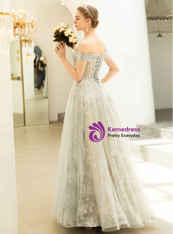 In Stock:Ship in 48 Hours Gray Tulle Sequins Off the Shoulder Sequins Prom Dress