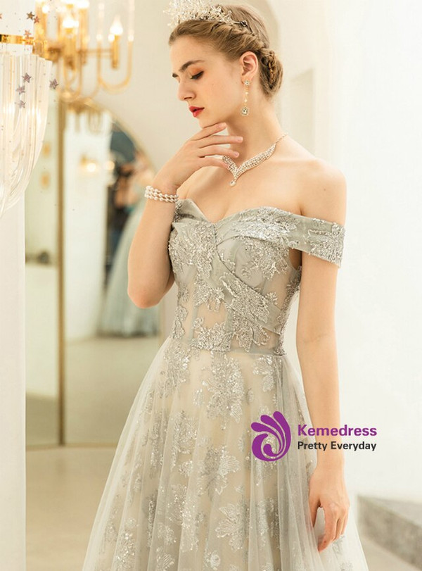 In Stock:Ship in 48 Hours Gray Tulle Sequins Off the Shoulder Sequins Prom Dress