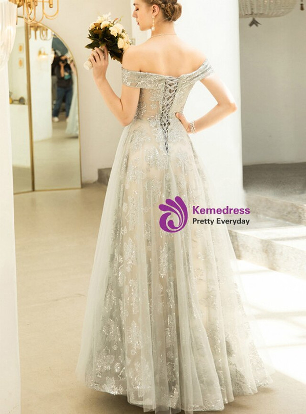 In Stock:Ship in 48 Hours Gray Tulle Sequins Off the Shoulder Sequins Prom Dress