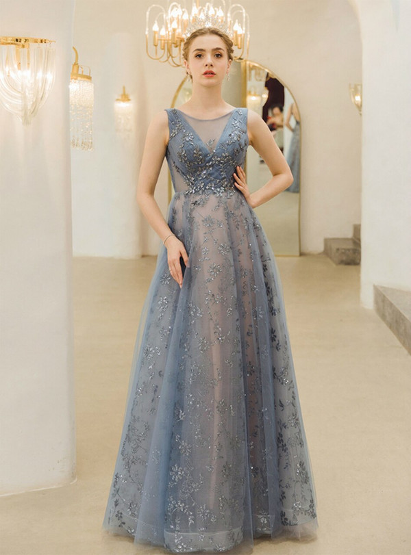 In Stock:Ship in 48 Hours Blue Tulle Backless Sequins Pleats Backless Prom Dress