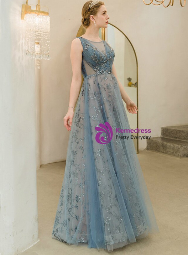 In Stock:Ship in 48 Hours Blue Tulle Backless Sequins Pleats Backless Prom Dress