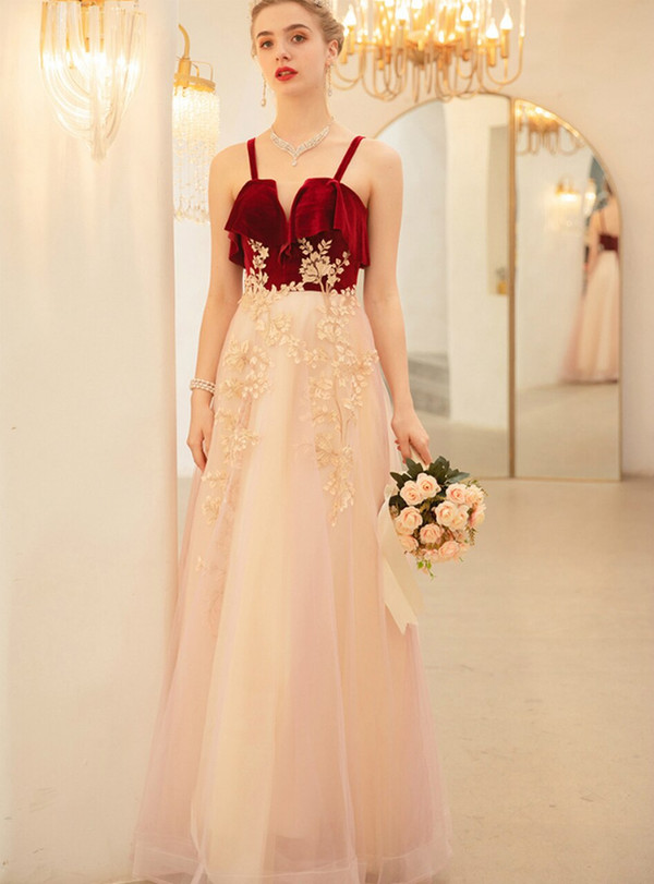 In Stock:Ship in 48 Hours Champagne Tulle Burgundy Velvet Appliques Prom Dress