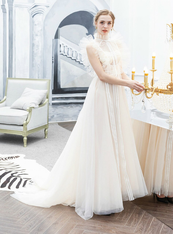 In Stock:Ship in 48 Hours Ivory White Tulle High Neck Illusion Long Prom Dress