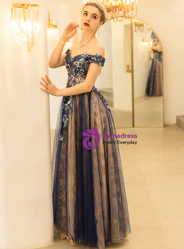 In Stock:Ship in 48 Hours Blue Tulle Sequins Off the Shoulder Appliques Prom Dress