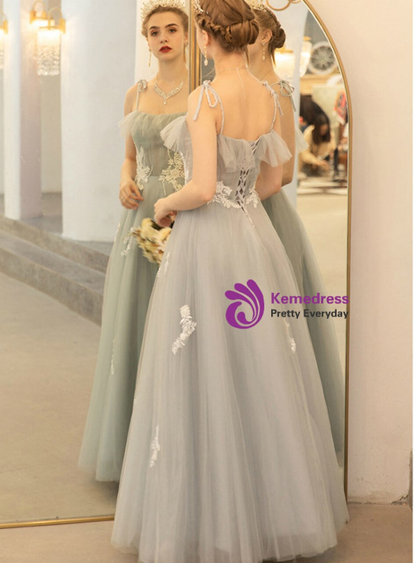 In Stock:Ship in 48 Hours Gray Spaghetti Straps Tulle Appliques Pleats Prom Dress