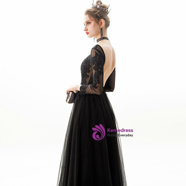 In Stock:Ship in 48 Hours Black Tulle Long Sleeve Backless Prom Dress