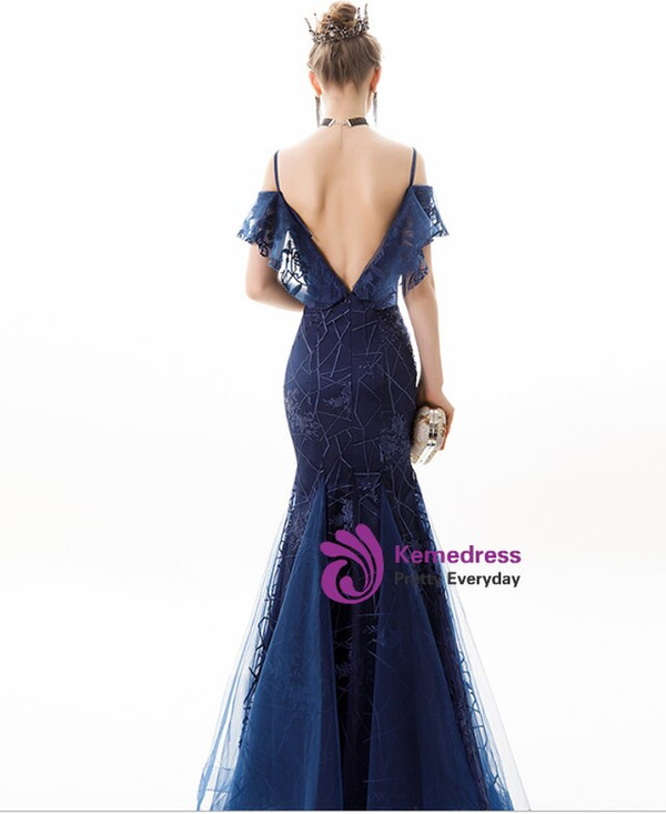 In Stock:Ship in 48 Hours Navy Blue Tulle Mermaid Spaghetti Straps Long Prom Dress