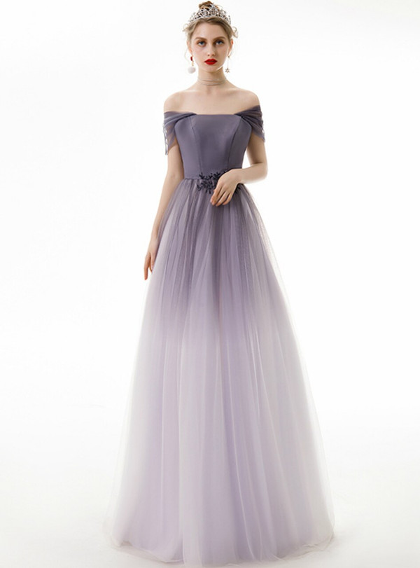 In Stock:Ship in 48 Hours Purple Tulle Off the Shoulder Appliques Prom Dress