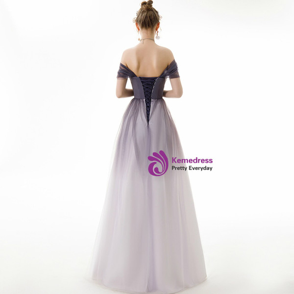 In Stock:Ship in 48 Hours Purple Tulle Off the Shoulder Appliques Prom Dress