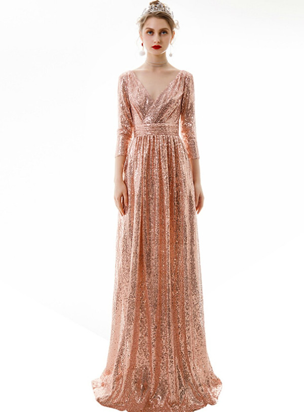 In Stock:Ship in 48 Hours Simple Rose Gold Seuqins V-neck 3/4 Sleeve Prom Dress