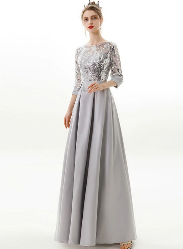 In Stock:Ship in 48 Hours Silver Gray Satin Sequins 3/4 Sleeve Prom Dress