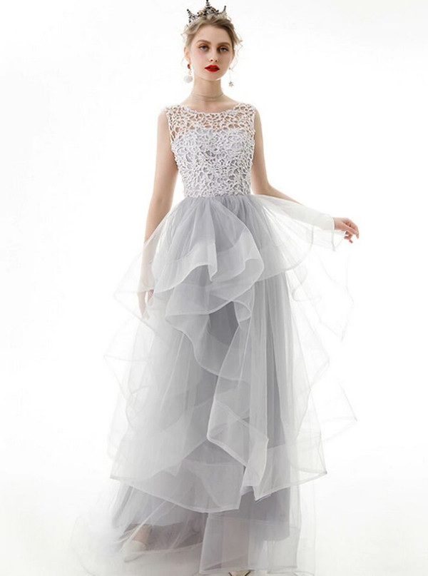 In Stock:Ship in 48 Hours A-Line Gray Tulle Lace Sleeveless Prom Dress
