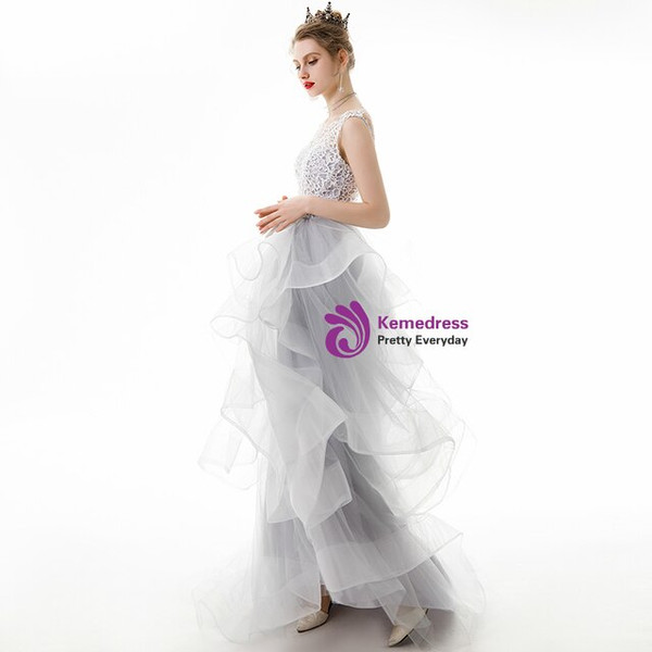 In Stock:Ship in 48 Hours A-Line Gray Tulle Lace Sleeveless Prom Dress