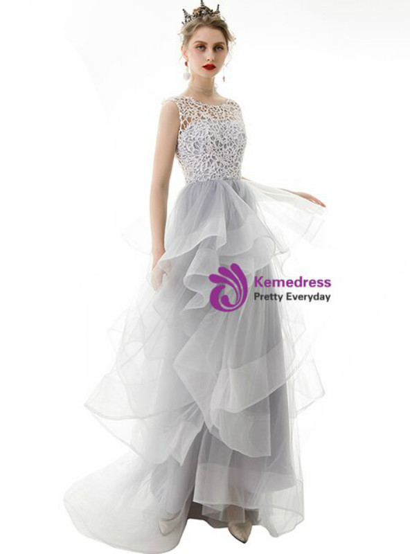 In Stock:Ship in 48 Hours A-Line Gray Tulle Lace Sleeveless Prom Dress