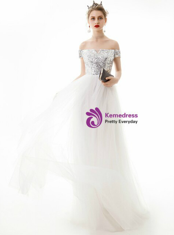 In Stock:Ship in 48 Hours White Tulle Silver Sequins Off the Shoulder Long Prom Dress