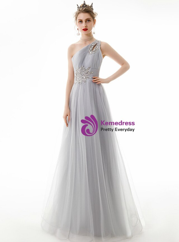 In Stock:Ship in 48 Hours Silver Gray Tulle One Shoulder Beading Pleats Prom Dress