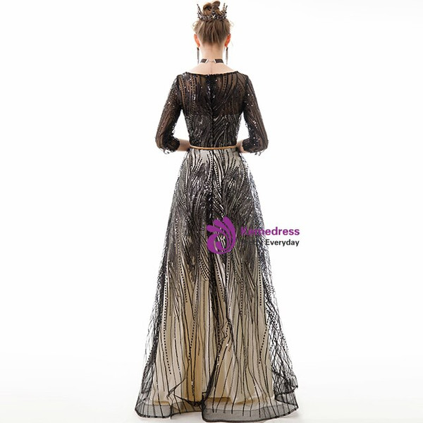 In Stock:Ship in 48 Hours Black Tulle Sequins 3/4 Sleeve Prom Dress With Pocket
