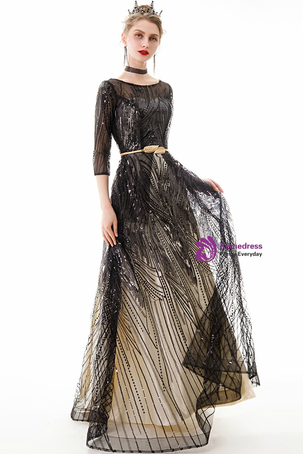 In Stock:Ship in 48 Hours Black Tulle Sequins 3/4 Sleeve Prom Dress With Pocket