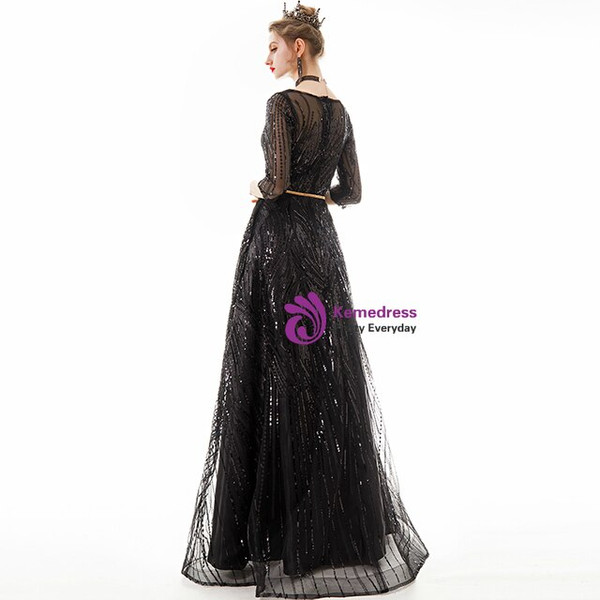 In Stock:Ship in 48 Hours A-line Black Tulle Sequins 3/4 Sleeve Prom Dress With Pocket
