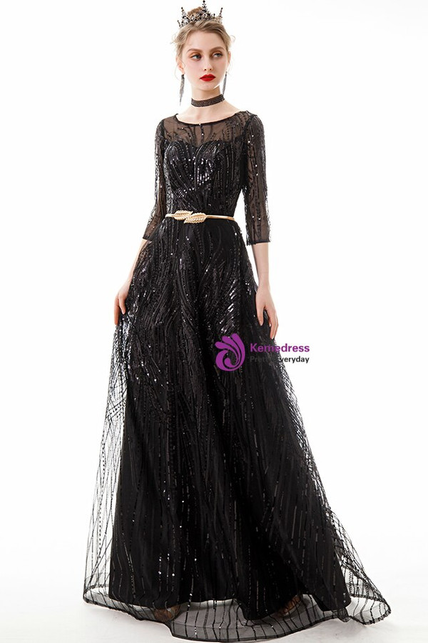 In Stock:Ship in 48 Hours A-line Black Tulle Sequins 3/4 Sleeve Prom Dress With Pocket