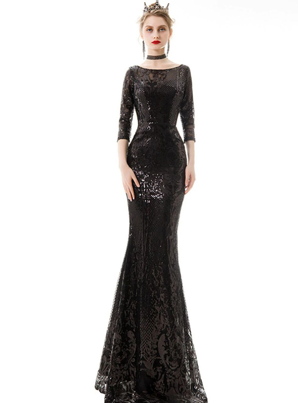 In Stock:Ship in 48 Hours Sexy Black Mermaid Sequins 3/4 Sleeve Prom Dress 