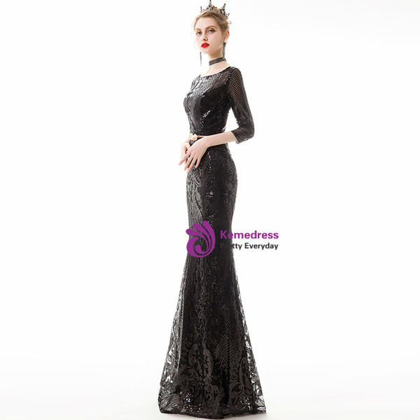 In Stock:Ship in 48 Hours Sexy Black Mermaid Sequins 3/4 Sleeve Prom Dress 