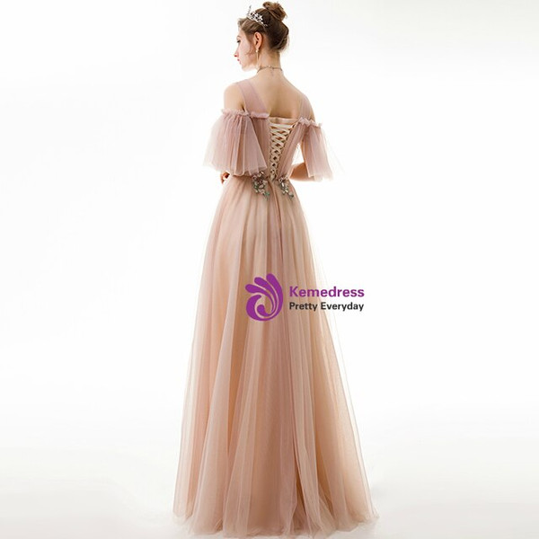 In Stock:Ship in 48 Hours A-Line Pink Tulle Appliques Pleats Long Prom Dres