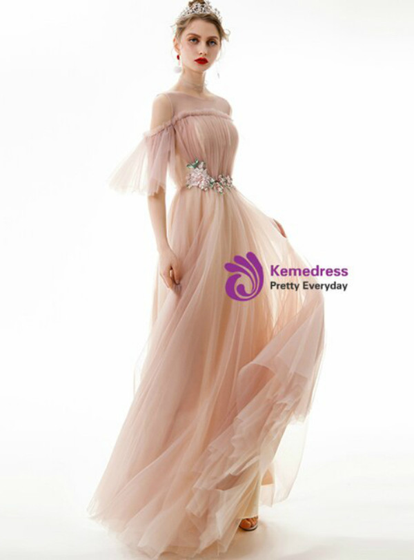 In Stock:Ship in 48 Hours A-Line Pink Tulle Appliques Pleats Long Prom Dres