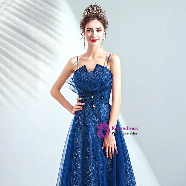 Casual In Stock:Ship in 48 Hours Blue Tulle Sequins Spaghetti Straps Appliques Prom Dress
