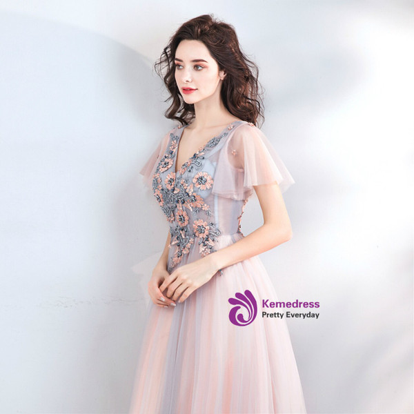 Delicate In Stock:Ship in 48 Hours V-neck Tulle Embroidery Appliques Beading Prom Dress