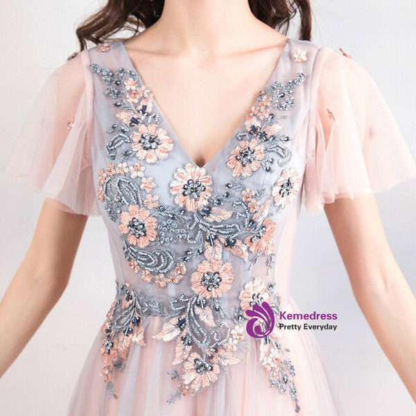Delicate In Stock:Ship in 48 Hours V-neck Tulle Embroidery Appliques Beading Prom Dress