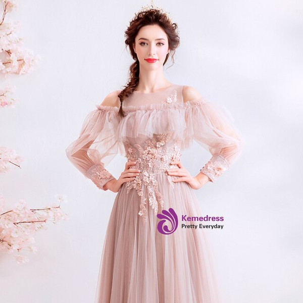 Trendy In Stock:Ship in 48 Hours Pink Tulle Appliques Long Sleeve Prom Dress