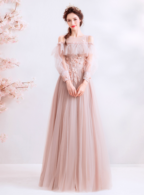 In Stock:Ship in 48 Hours Pink Tulle Appliques Long Sleeve Prom Dress