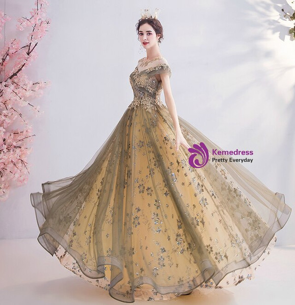 Stylish In Stock:Ship in 48 Hours Champagne Tulle Seuqins Cap Sleeve Beading Prom Dres