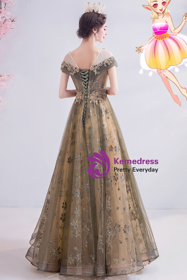 Stylish In Stock:Ship in 48 Hours Champagne Tulle Seuqins Cap Sleeve Beading Prom Dres