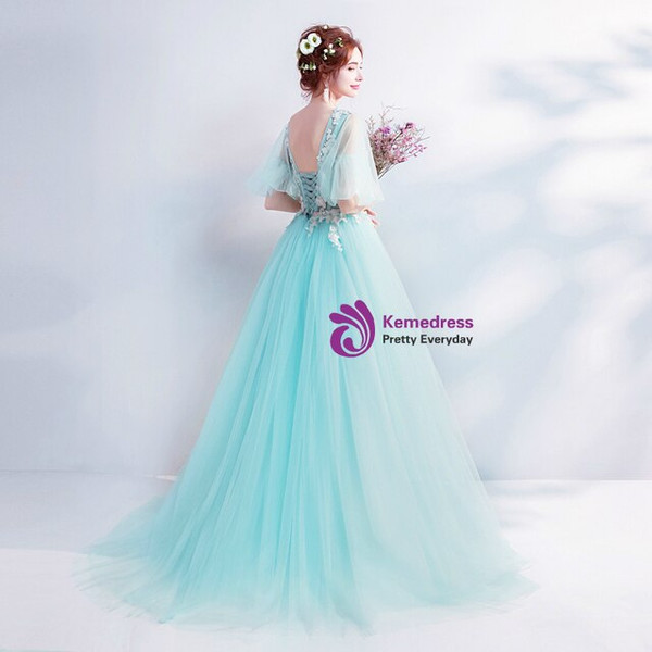 Wonderful In Stock:Ship in 48 Hours Sexy Blue Tulle V-neck Appliques Prom Dress With Bow